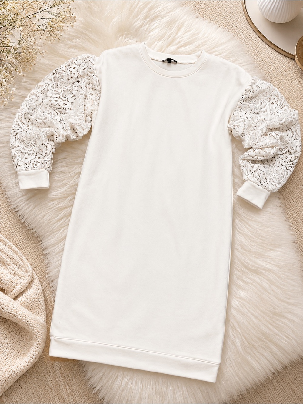White Lace Sleeve Sweatshirt Dress
